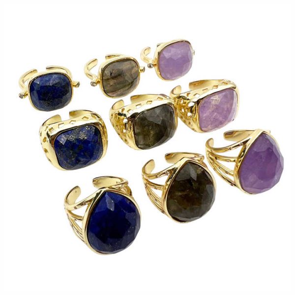 Fashion Adjustable 18k Gold Plated Rings Water Drop Ring Healing Crystal Amethyst Lapis Lazuli Labradorite Ring for Men & Women