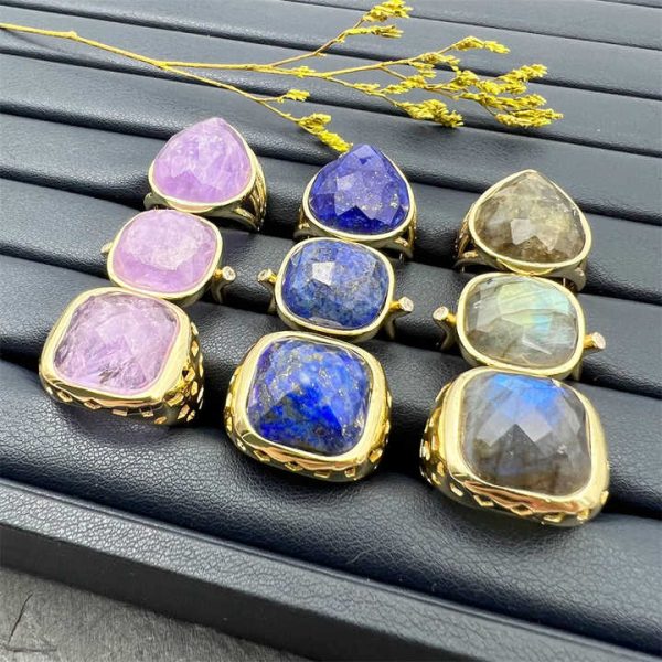 Fashion Adjustable 18k Gold Plated Rings Water Drop Ring Healing Crystal Amethyst Lapis Lazuli Labradorite Ring for Men & Women