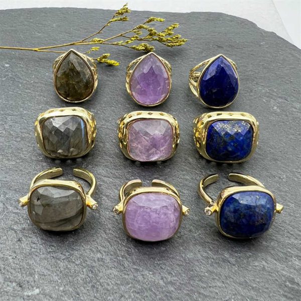 Fashion Adjustable 18k Gold Plated Rings Water Drop Ring Healing Crystal Amethyst Lapis Lazuli Labradorite Ring for Men & Women