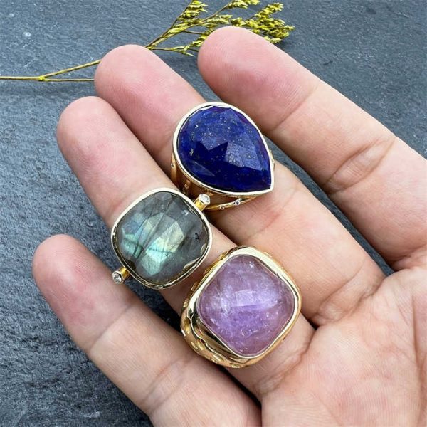 Fashion Adjustable 18k Gold Plated Rings Water Drop Ring Healing Crystal Amethyst Lapis Lazuli Labradorite Ring for Men & Women