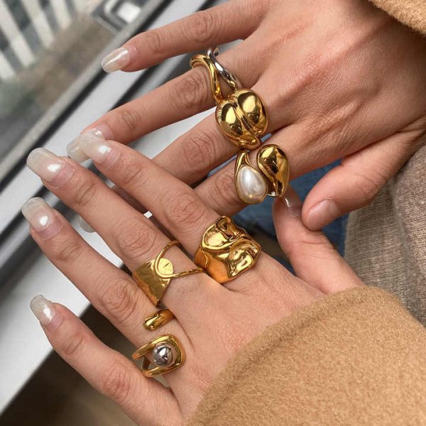 2025 Chunky Ring Sets Stainless Steel High Quality Hammered Texture Fashion Jewelry Rings for Women Big Pearl Ring