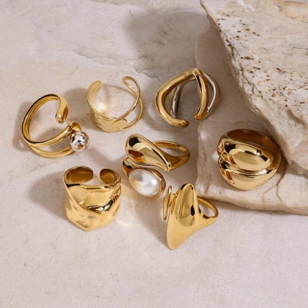 2025 Chunky Ring Sets Stainless Steel High Quality Hammered Texture Fashion Jewelry Rings for Women Big Pearl Ring