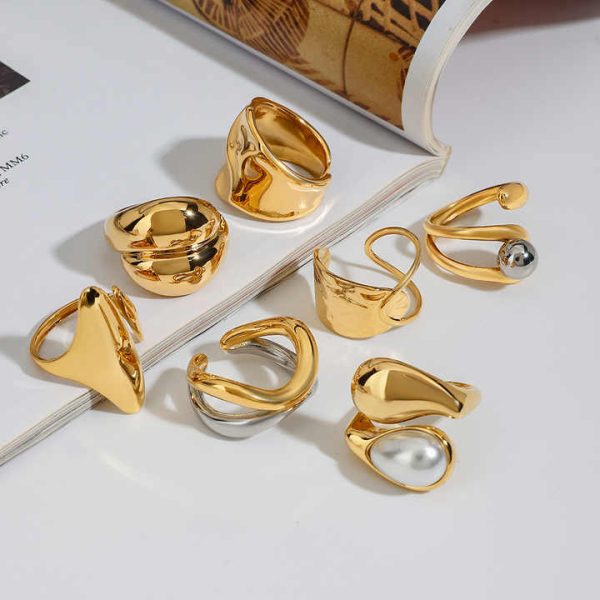 2025 Chunky Ring Sets Stainless Steel High Quality Hammered Texture Fashion Jewelry Rings for Women Big Pearl Ring