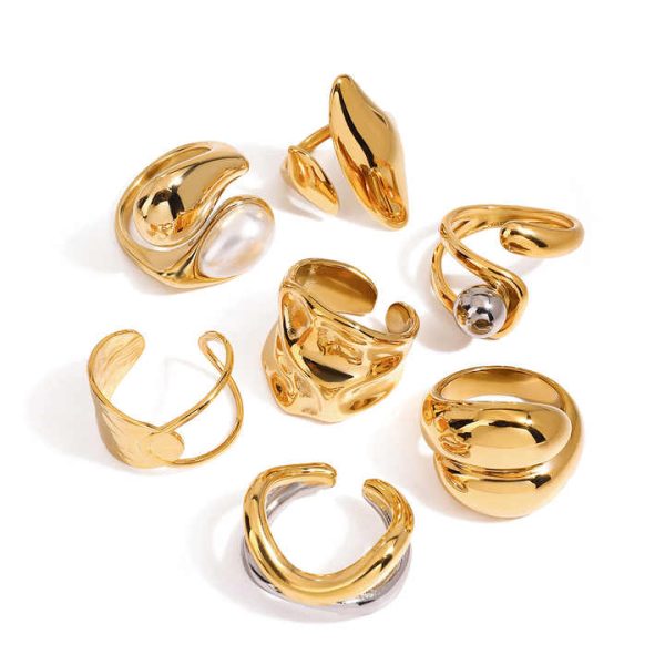 2025 Chunky Ring Sets Stainless Steel High Quality Hammered Texture Fashion Jewelry Rings for Women Big Pearl Ring