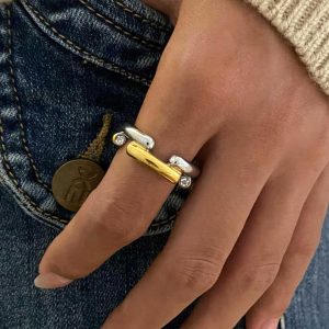 18k Gold Stainless Steel Gold Silver Color Block Round Zirconia Elegant Chic Design Fashion Ring for Daily Wearing