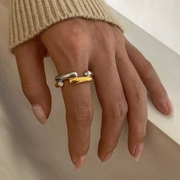 18k Gold Stainless Steel Gold Silver Color Block Round Zirconia Elegant Chic Design Fashion Ring for Daily Wearing