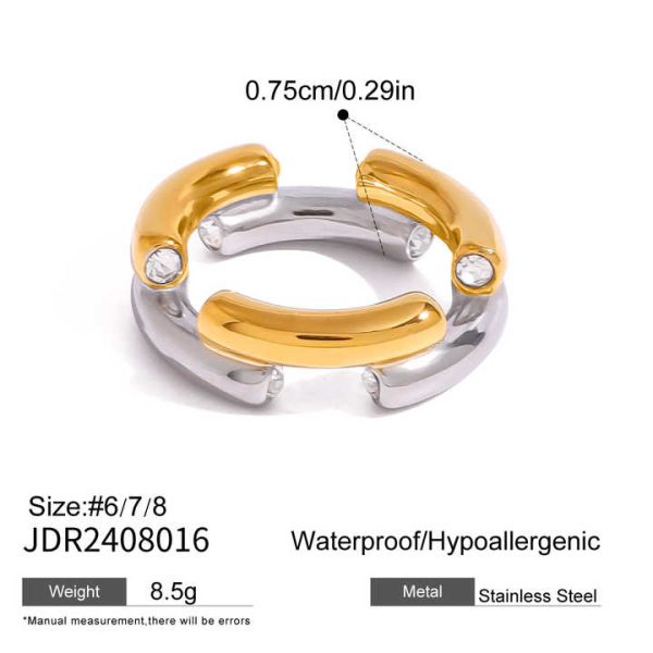 18k Gold Stainless Steel Gold Silver Color Block Round Zirconia Elegant Chic Design Fashion Ring for Daily Wearing