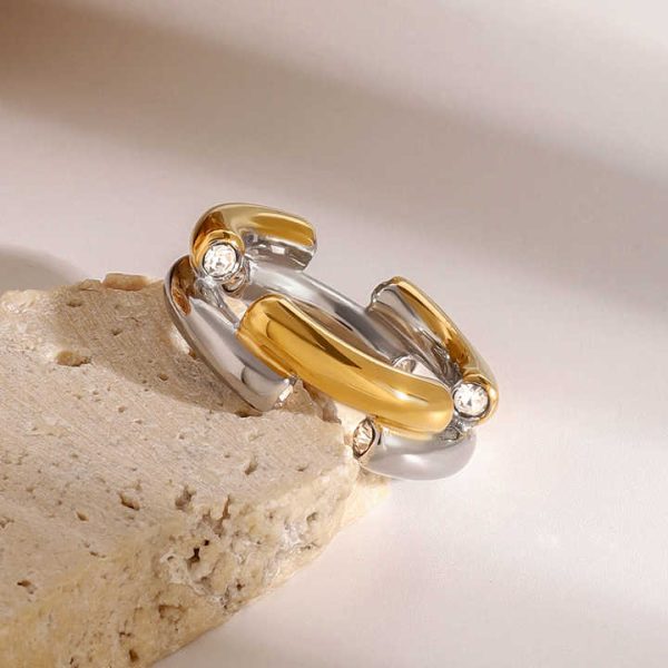 18k Gold Stainless Steel Gold Silver Color Block Round Zirconia Elegant Chic Design Fashion Ring for Daily Wearing
