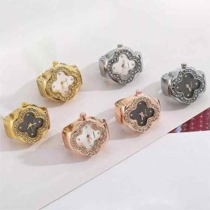 Four-Leaf Clover Stainless Steel Gold Plated Zircon Quartz Ring for Unisex Trendy Jewelry Gift