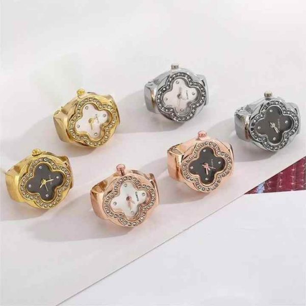 Four-Leaf Clover Stainless Steel Gold Plated Zircon Quartz Ring for Unisex Trendy Jewelry Gift