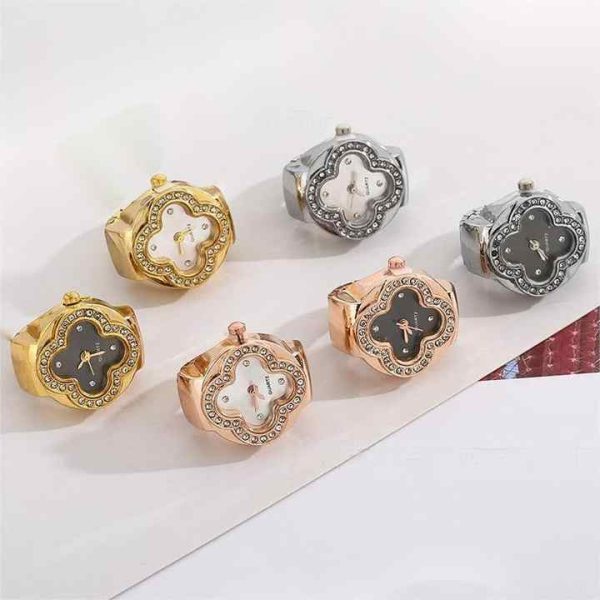 Lucky Four-leaf Clover Finger Watch Stainless Steel Gold Ring Watch Round Starry Sky Quartz Ring