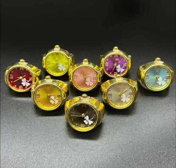 Lucky Four-leaf Clover Finger Watch Stainless Steel Gold Ring Watch Round Starry Sky Quartz Ring