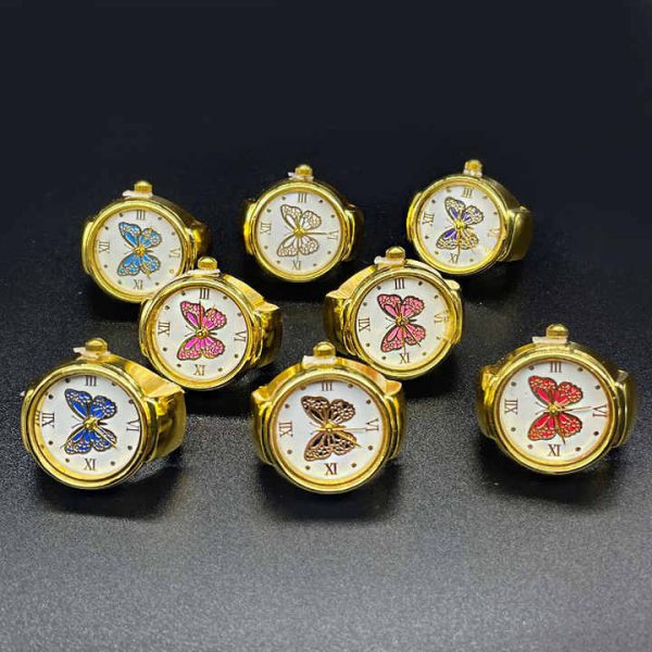 Lucky Four-leaf Clover Finger Watch Stainless Steel Gold Ring Watch Round Starry Sky Quartz Ring