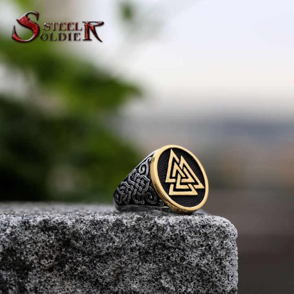 SS8-724R Steel Soldier Stainless Steel Ring Gold and Sliver Triangle Pattern Punk Ring for Men Boy's Jewelry