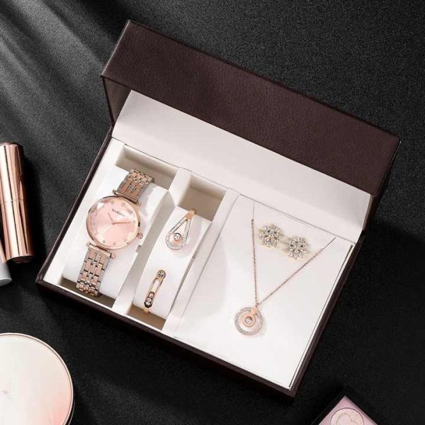 Luxury Bling Iced Out Diamond Quartz Women's Watch Set Gold Jewelry Gift Lady Ring Watches