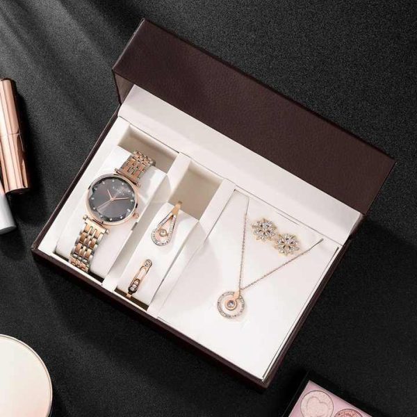 Luxury Bling Iced Out Diamond Quartz Women's Watch Set Gold Jewelry Gift Lady Ring Watches