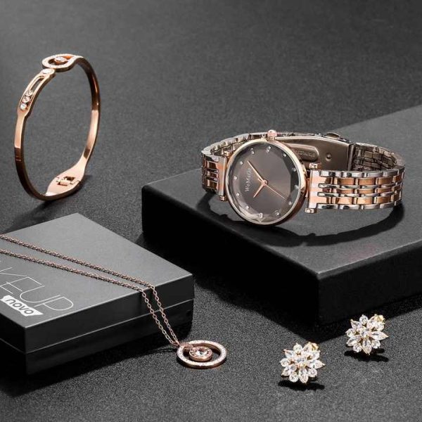 Luxury Bling Iced Out Diamond Quartz Women's Watch Set Gold Jewelry Gift Lady Ring Watches