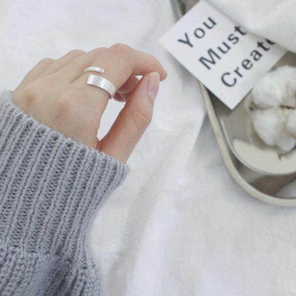 Real Pure Silver Color Jewelry Korean Scrub Geometric Rings for Women Wedding Finger Open Ring