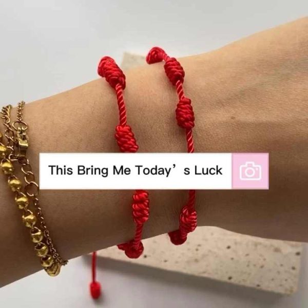 Adjustable Red Cord Braided Bracelet with 7 Knots - Hand Woven Lucky Charm Jewelry for Men and Women