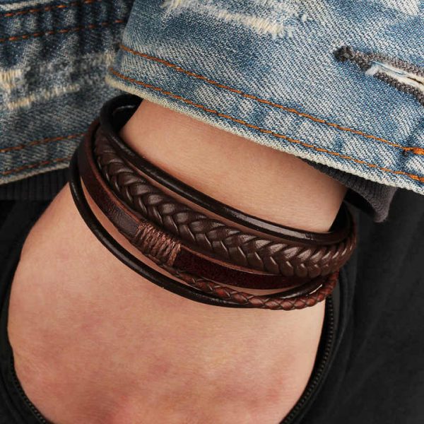 Wholesale Multi-Strand Wristband Men's Fashion Leather Rope Handmade Woven Bracelets Bangles Vintage Ethnic Style Hand Jewelry