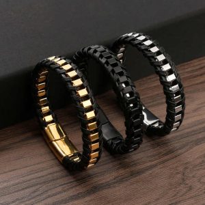 High Quality New Design Multilayered Rope String Bracelet Stainless Steel Real Leather Bracelet for Men