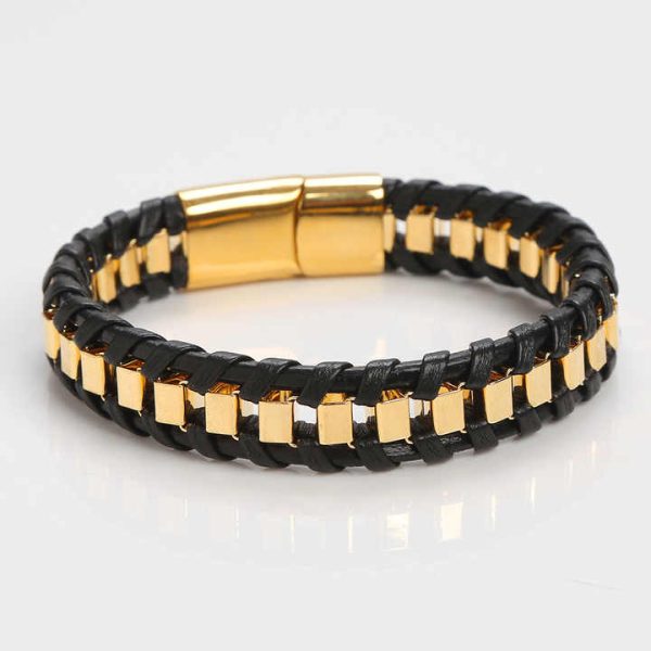 High Quality New Design Multilayered Rope String Bracelet Stainless Steel Real Leather Bracelet for Men