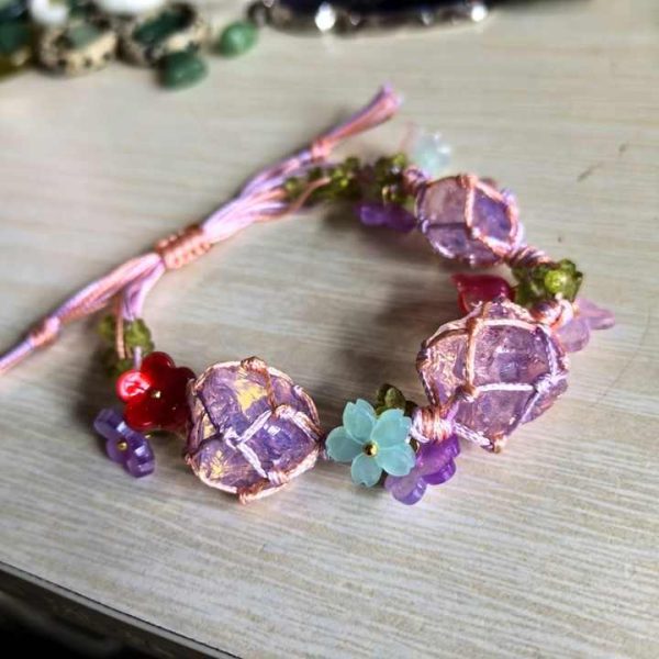 Wholesale Hand Made Rope Wrap pink Opal Raw with Olivine Crystal Gravel Chips Stone Bracelet for Souvenir Birthday Gift