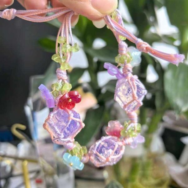 Wholesale Hand Made Rope Wrap pink Opal Raw with Olivine Crystal Gravel Chips Stone Bracelet for Souvenir Birthday Gift