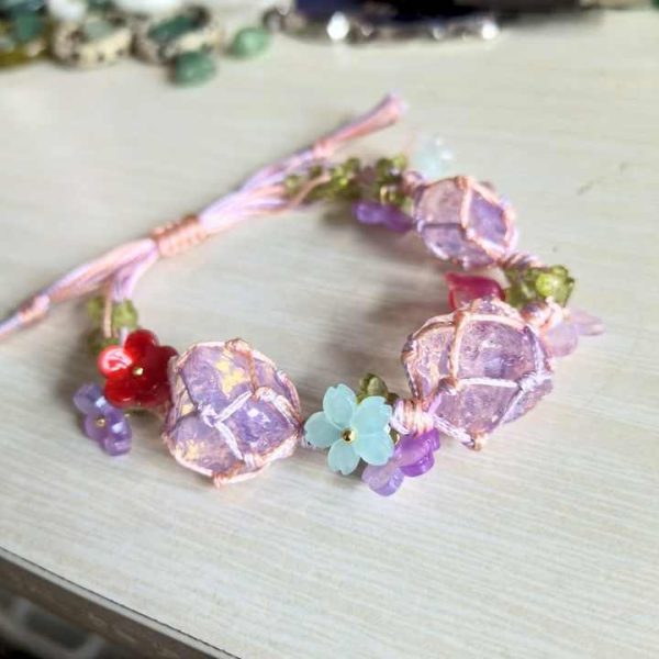 Wholesale Hand Made Rope Wrap pink Opal Raw with Olivine Crystal Gravel Chips Stone Bracelet for Souvenir Birthday Gift