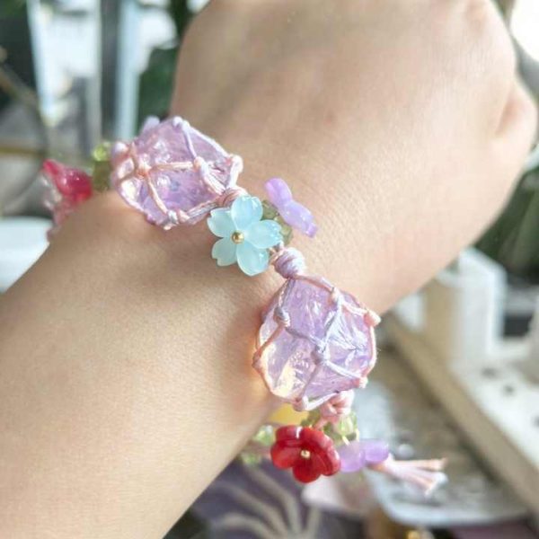 Wholesale Hand Made Rope Wrap pink Opal Raw with Olivine Crystal Gravel Chips Stone Bracelet for Souvenir Birthday Gift