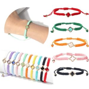 Vintage Four Leaf Clover Flower Charm Bracelet for Women - Handmade Crystal Alloy Rope Jewelry