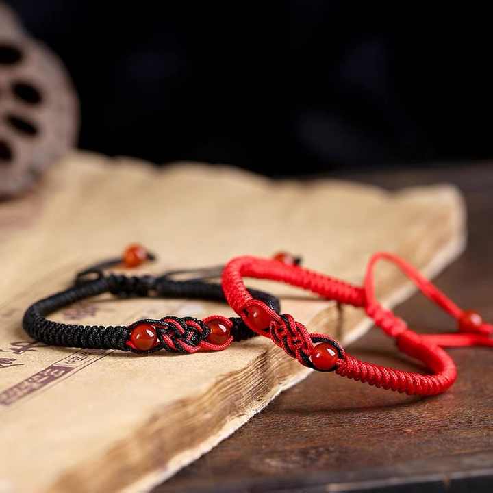 Handmade Mexican Black Red Men's String Rope Cord Braided Good Luck Agate Beads Charm Couple Bracelet Jewelry