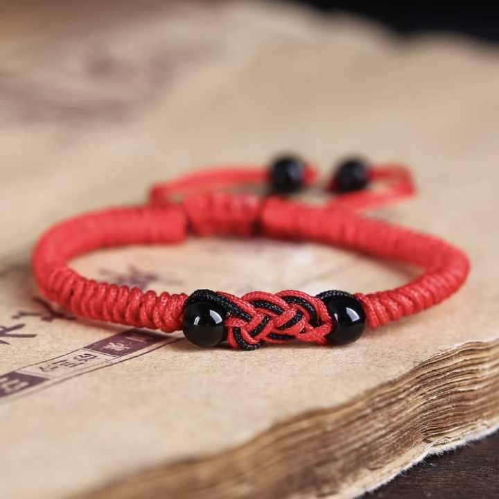 Handmade Mexican Black Red Men's String Rope Cord Braided Good Luck Agate Beads Charm Couple Bracelet Jewelry
