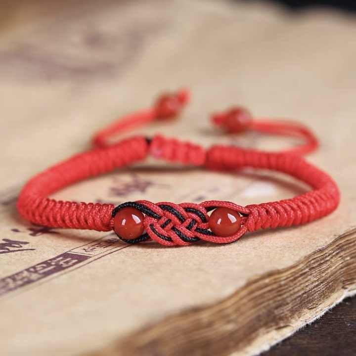 Handmade Mexican Black Red Men's String Rope Cord Braided Good Luck Agate Beads Charm Couple Bracelet Jewelry