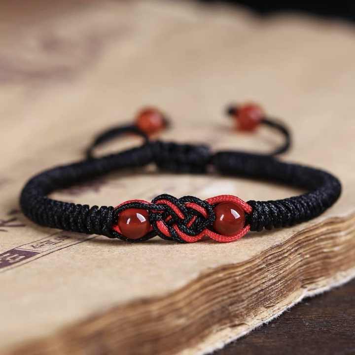 Handmade Mexican Black Red Men's String Rope Cord Braided Good Luck Agate Beads Charm Couple Bracelet Jewelry