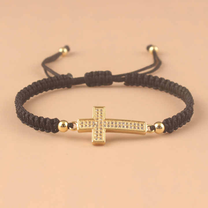 Handmade Braided Adjustable Inlaid Zirconia Cross Bracelet Christian Faith Bracelets for Men Women Lucky Jewelry Friends Gift