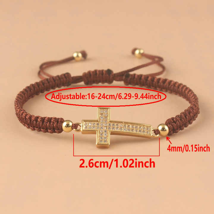 Handmade Braided Adjustable Inlaid Zirconia Cross Bracelet Christian Faith Bracelets for Men Women Lucky Jewelry Friends Gift