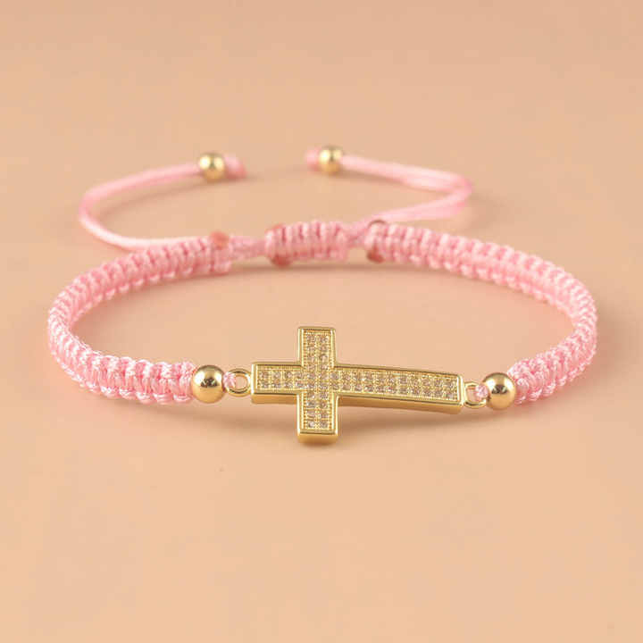 Handmade Braided Adjustable Inlaid Zirconia Cross Bracelet Christian Faith Bracelets for Men Women Lucky Jewelry Friends Gift