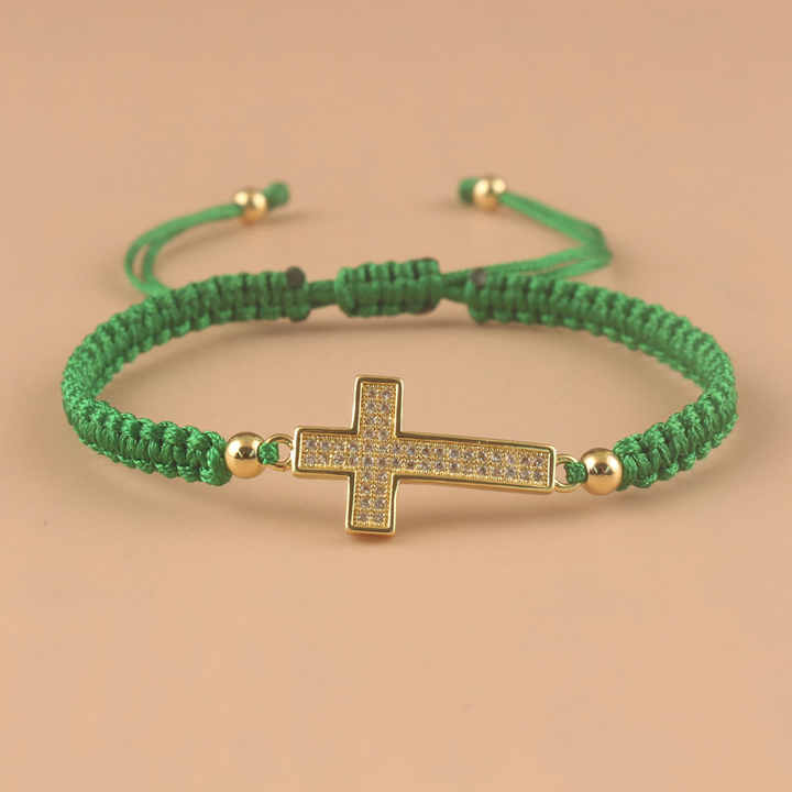 Handmade Braided Adjustable Inlaid Zirconia Cross Bracelet Christian Faith Bracelets for Men Women Lucky Jewelry Friends Gift