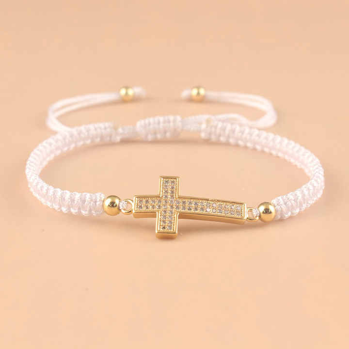 Handmade Braided Adjustable Inlaid Zirconia Cross Bracelet Christian Faith Bracelets for Men Women Lucky Jewelry Friends Gift