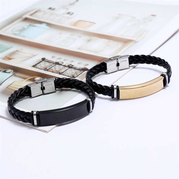 Fashion Jewelry Men's Bracelet Simple Glossy Leather Braided Stainless Steel Pu Leather String Bracelet for Men