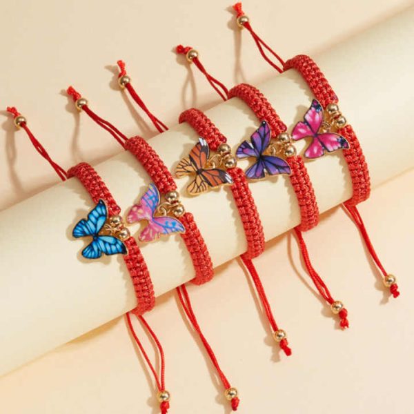 Handmade Lady butterfly Red Rope String Thread Woven Bracelet Jewelry Women Bracelets Adjustable