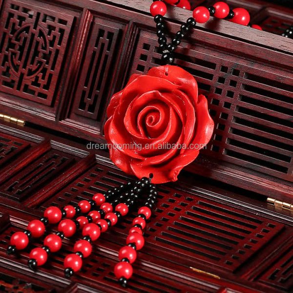 Vintage Red Cinnabar Carved Flower Pendant Necklace Fashionable Trendy Jewelry With Sweater Chain Lucky Accessory