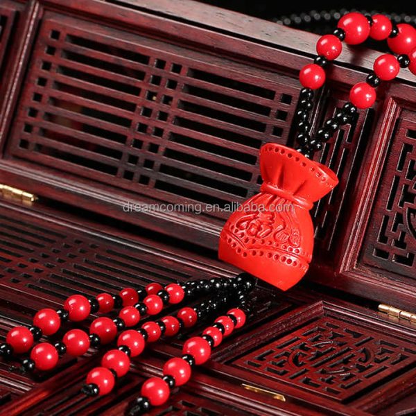 Vintage Red Cinnabar Carved Flower Pendant Necklace Fashionable Trendy Jewelry With Sweater Chain Lucky Accessory