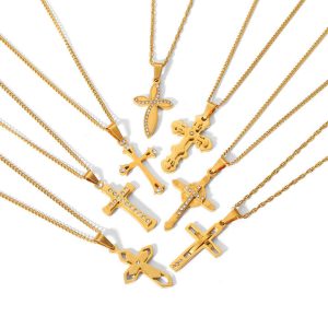 Trendy Waterproof Cross Pendant Necklace 18K Gold Stainless Steel Hand Polished Necklace for Women Men