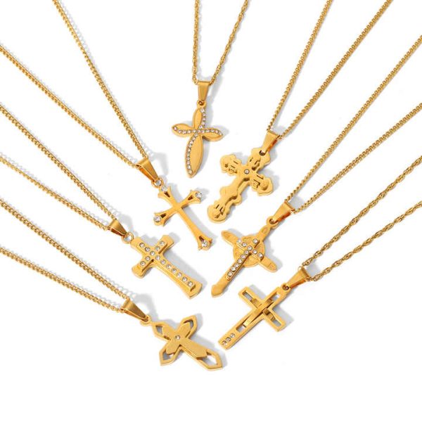 Trendy Waterproof Cross Pendant Necklace 18K Gold Stainless Steel Hand Polished Necklace for Women Men