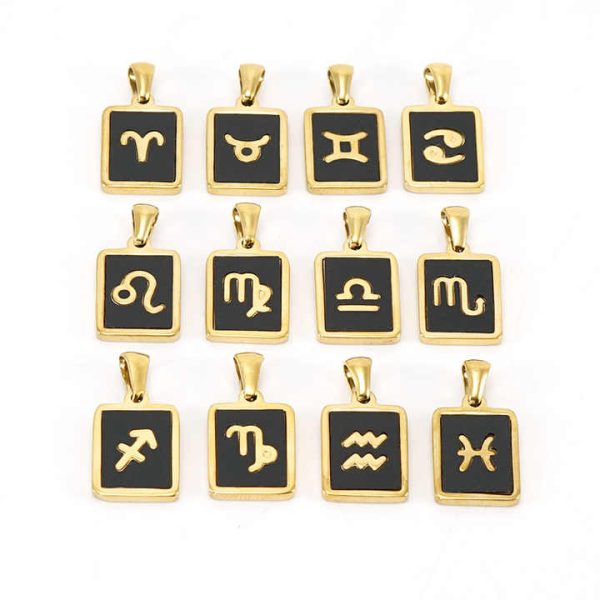 New Fashion 18k Gold Plated Stainless Steel 12 Star Sign Zodiac Sign Black Shell Pendant Necklace Simple Jewelry for Women's
