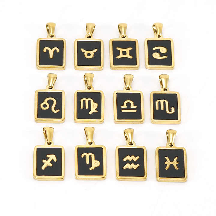 New Fashion 18k Gold Plated Stainless Steel 12 Star Sign Zodiac Sign Black Shell Pendant Necklace Simple Jewelry for Women's