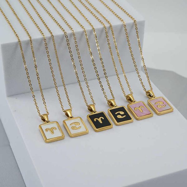 New Fashion 18k Gold Plated Stainless Steel 12 Star Sign Zodiac Sign Black Shell Pendant Necklace Simple Jewelry for Women's