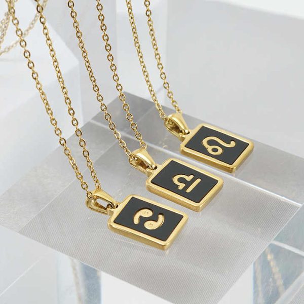 New Fashion 18k Gold Plated Stainless Steel 12 Star Sign Zodiac Sign Black Shell Pendant Necklace Simple Jewelry for Women's